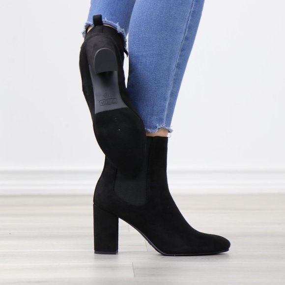 Black Suede Chelsea Block High Heel Above Ankle Boots - Picture 5 of 12